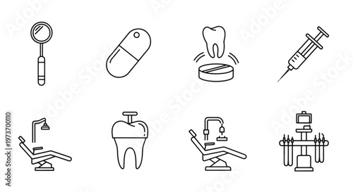 Dental Mirror Syringe Tooth Pill and Chair Icons Simple Line Art