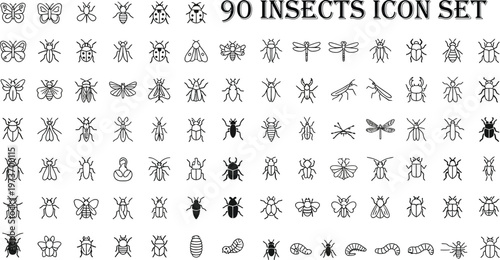 Ninety insects icon set featuring diverse bugs beetles flies and moths for biology design.