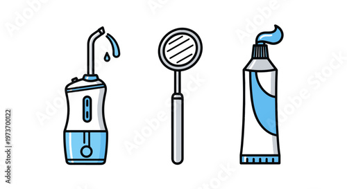 Dental Oral Care Icons Set Water Flosser Mouth Mirror and Toothpaste