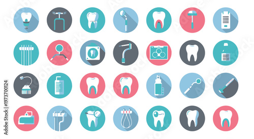 Dental Tools and Teeth Icons Set Flat Design Style