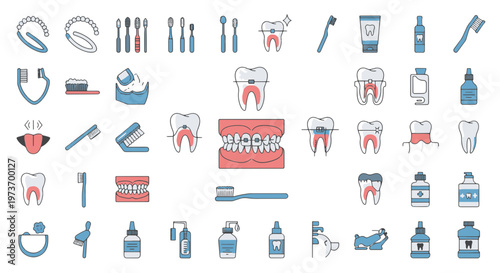 Collection of Dental Care Icons and Symbols for Oral Hygiene and Treatment