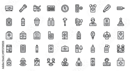 Medical Healthcare Icons Collection Including Dental Tools and Instruments