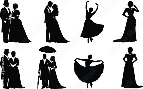Vintage Fashion and Dance Silhouettes Set Featuring Elegant Couples, Dancers, and Classic Dresses for Retro, Historical, and Dance Designs