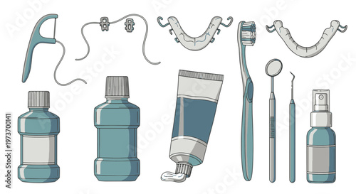 Collection of Dental Hygiene Tools and Products for Oral Care