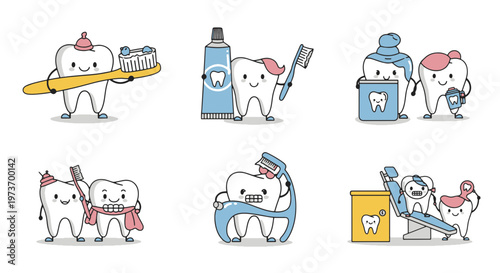 Cute Dental Cartoon Characters Brushing Teeth and Flossing