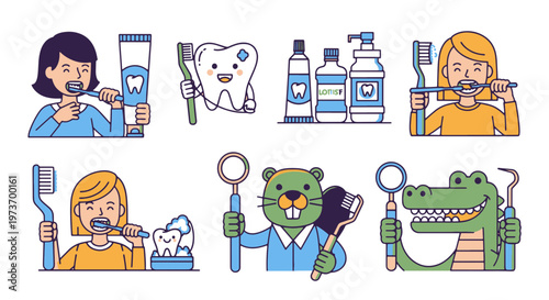 Cute Tooth and Beaver Characters Dental Care with Toothbrush and Paste