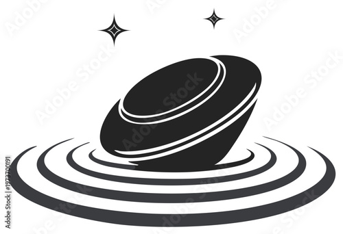 Stylized Black and White UFO Disc Hovering Above Rippled Water Surface with Starbursts