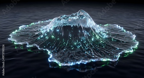 Abstract Bioluminescent Jellyfish Bloom in Dark Ocean Water