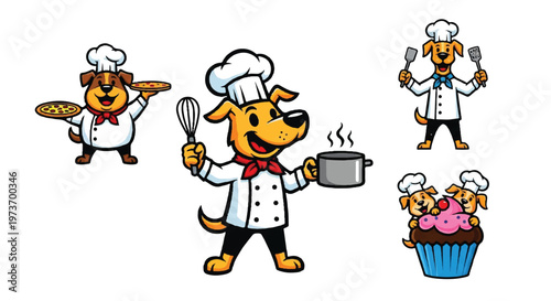 Chef dogs preparing food cartoon illustrations isolated