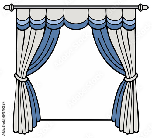 Elegant Blue and White Drapes with Decorative Valance and Tie-Backs