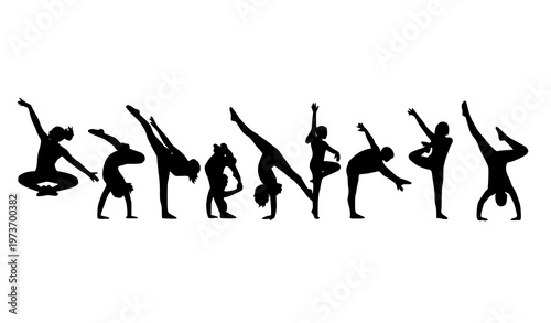 Acrobat and gymnast silhouette lineup vector illustration with dynamic sport action poses