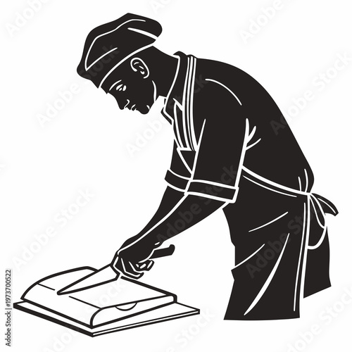 Baker, pastry chef, black and white, vector illustration, food preparation, kitchen worker