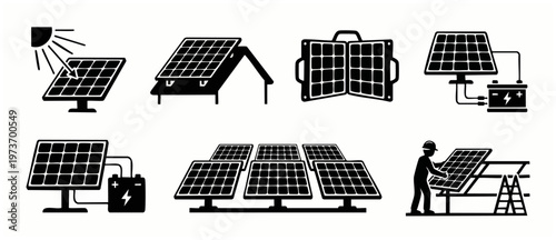 Solar panel icons set, renewable energy vector illustration. Photovoltaic power system, sun charging, rooftop panels, portable charger, battery storage, and technician installing equipment, black symb