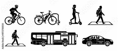 Sustainable Transportation Icons Set: Eco Transit, Biking, Walking, and Carpooling Symbols for Urban Commuting Solutions, City Public Transport Infographics, and Green Lifestyle Vector Design Elements