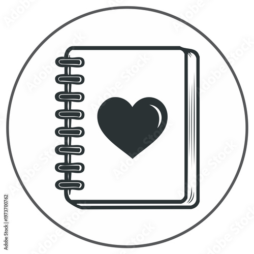 Notebook with heart symbol in circle design