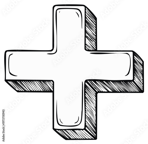 Hand Drawn 3D Plus Symbol Icon Illustration Sketch