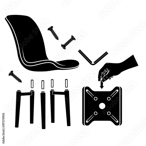 furniture assembly diagram of chair components screws and tools with a hand illustrating a diy project for home improvement