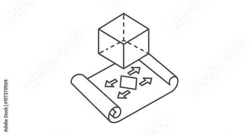 3d architectural design and project planning blueprint with expanding arrows visualizing spatial dimension and growth concept.