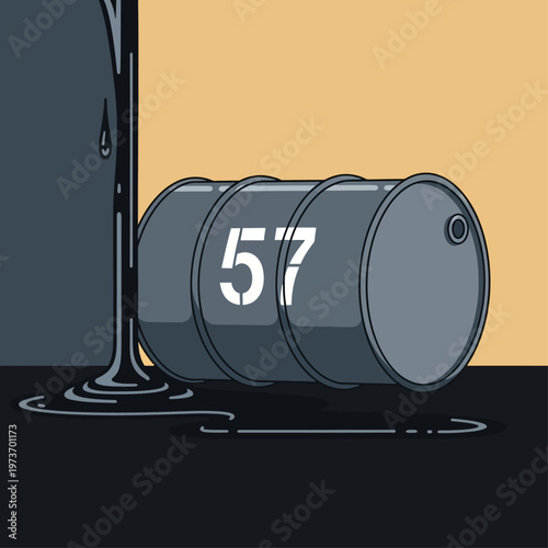 a leaky oil barrel labeled 57 spilling crude oil onto the ground illustrating themes of energy pollution and industrial impact
