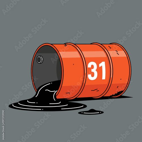an orange oil barrel spilling black crude oil on a grey surface illustrating environmental pollution and industrial waste