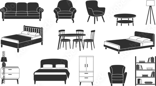 Black leather office chairs desks and tables with lamps and cabinets in flat