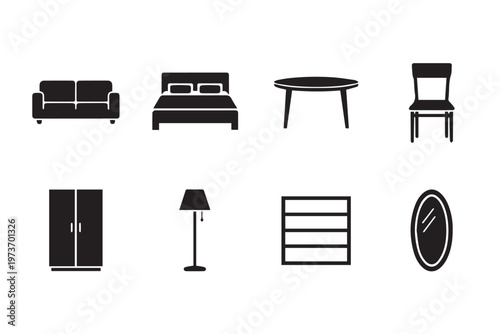 Home furniture and interior decor icons displaying sofa bed table chair wardrobe floor lamp chest of drawers and oval mirror silhouette.