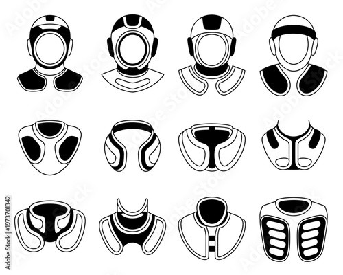 Black and white line drawings of various neck protectors and helmets for sports  protective gear