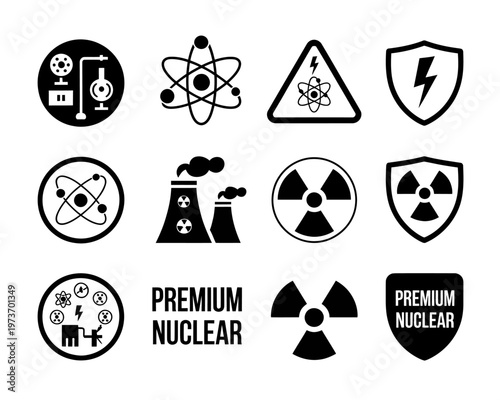 Collection of black nuclear icons on white background