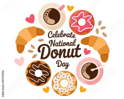 Celebrate National Donut Day with donuts and coffee illustration
