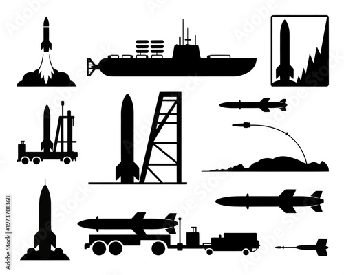Collection of black silhouettes of various military missiles and rocket launchers on white background