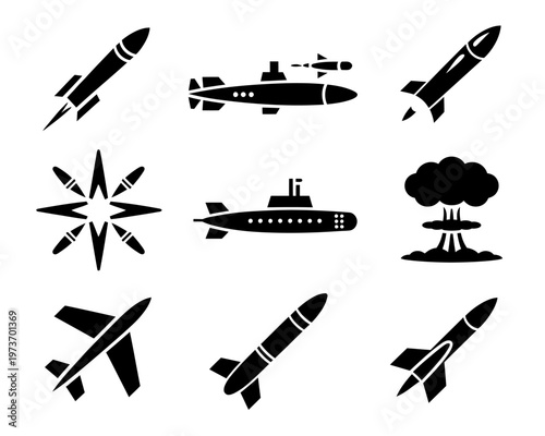 Collection of military weapons and vehicles icons on white background