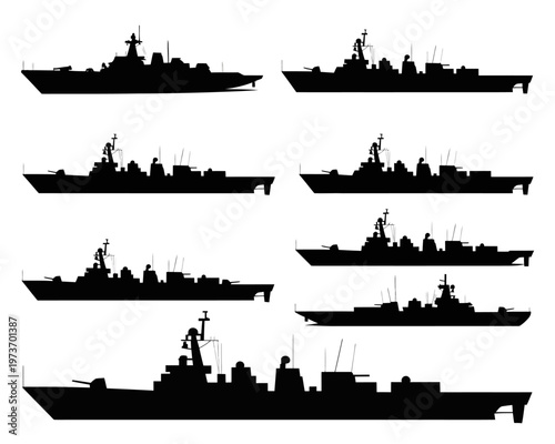 Collection of various naval warship silhouettes on white background