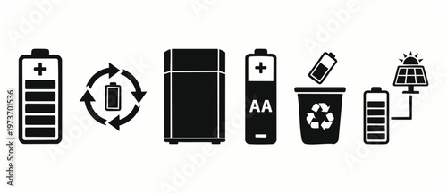 Battery Recycling and Solar Energy Icons Set for Sustainable Power Management and Eco-Friendly Technology Concept, Featuring AA Batteries, Charge Levels, Waste Disposal, and Renewable Energy Systems