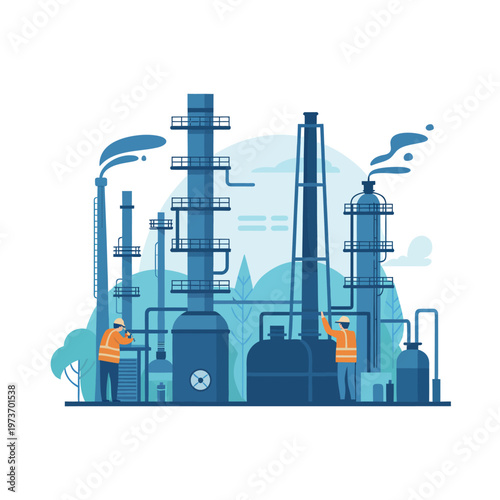 Industrial factory with workers and smokestacks  industrial site with workers