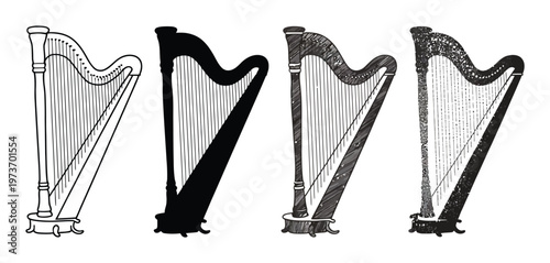 Set of Four Harp Vector Illustrations
