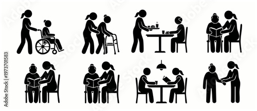 Elderly Care Icons Set, Caregiver Assisting Senior People, Nursing Home Activities and Medical Support Symbols, Patient Help Illustrations for Healthcare Design, Vector Silhouettes of Daily Assisted L