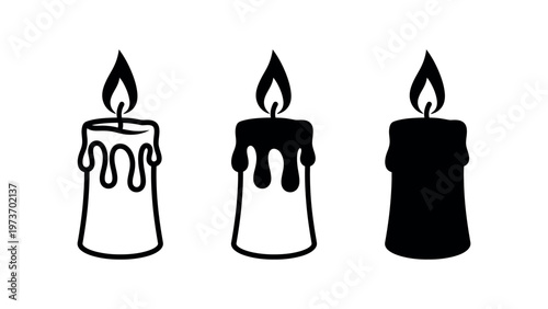 Three burning candles, set flame fire