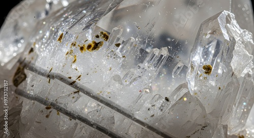 Close-up macro photograph of a clear quartz crystal with inclusions and metallic needles