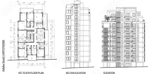 Architectural Floor Plan and Building Elevation Set Featuring 1st to 8th Floor Layouts, Section, and Exterior Views for Construction and Design Projects