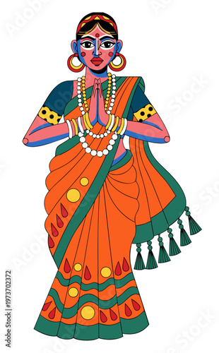 Traditional Ethnic Style Indian Woman Folk Art Vector Illustration.