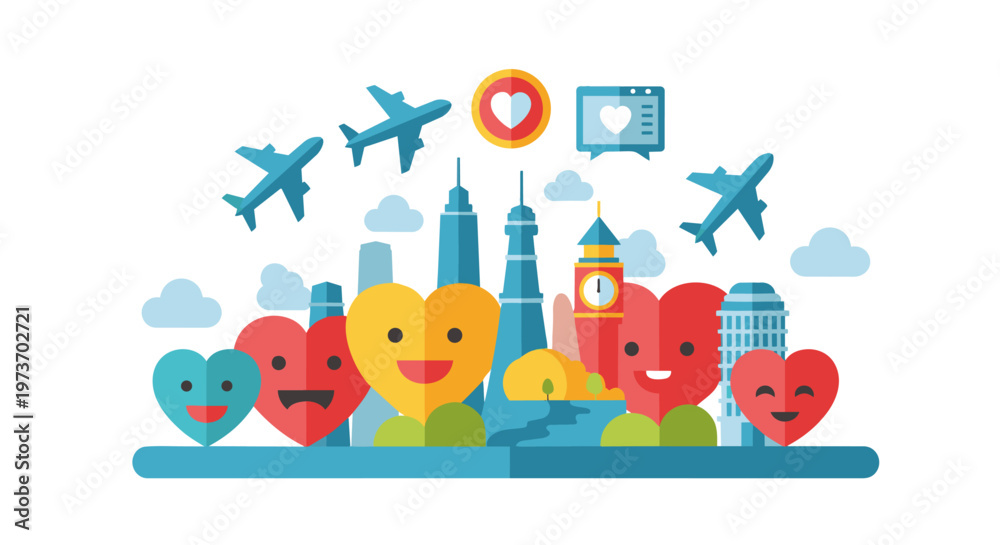 Fototapeta premium Cartoon city skyline with cheerful heart characters.