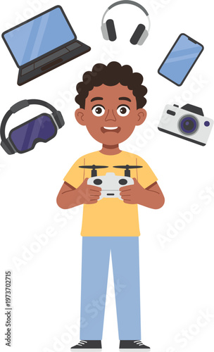 Boy holding drone controller surrounded by tech devices illustration showing modern gadgets and digital lifestyle