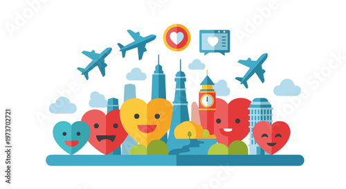 Cartoon city skyline with cheerful heart characters.