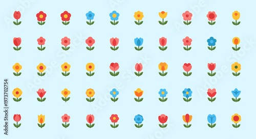 assorted flower icons arranged in grid on blue background.