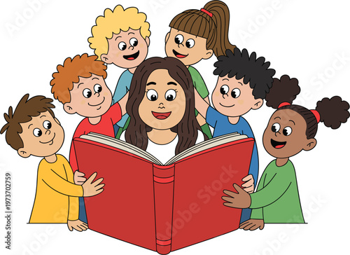 Teacher reading a book to diverse group of children illustration showing classroom storytelling and learning
