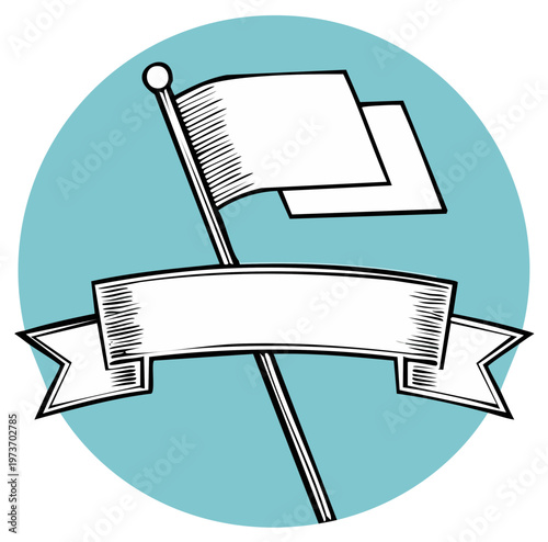 Vintage flag graphic with banner within a blue circle