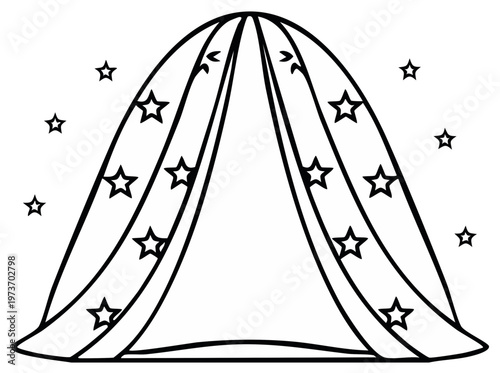 Black and white drawing of a circus tent with stars