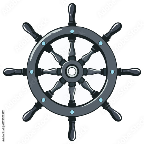 Detailed cartoon illustration of a ship's wheel a maritime helm symbolizing nautical navigation and control