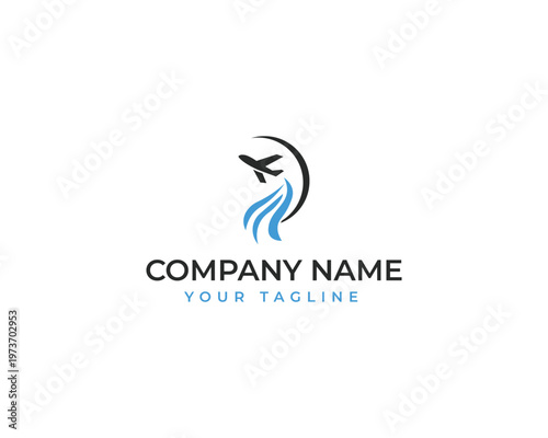 Travel and transport agency  logo design template with blue wave and black plane, Corporate branding vector illustration 