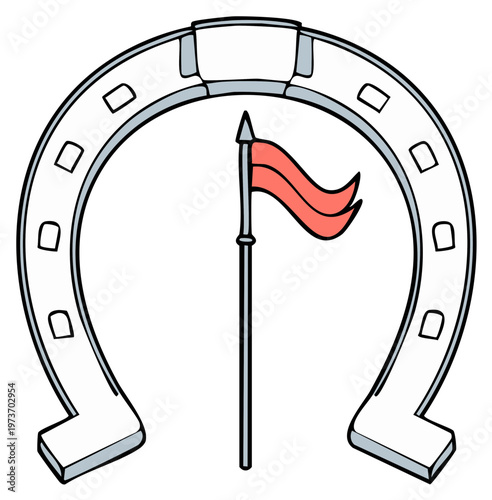 Classic good luck charm with an upright horseshoe and a waving red flag on a pole